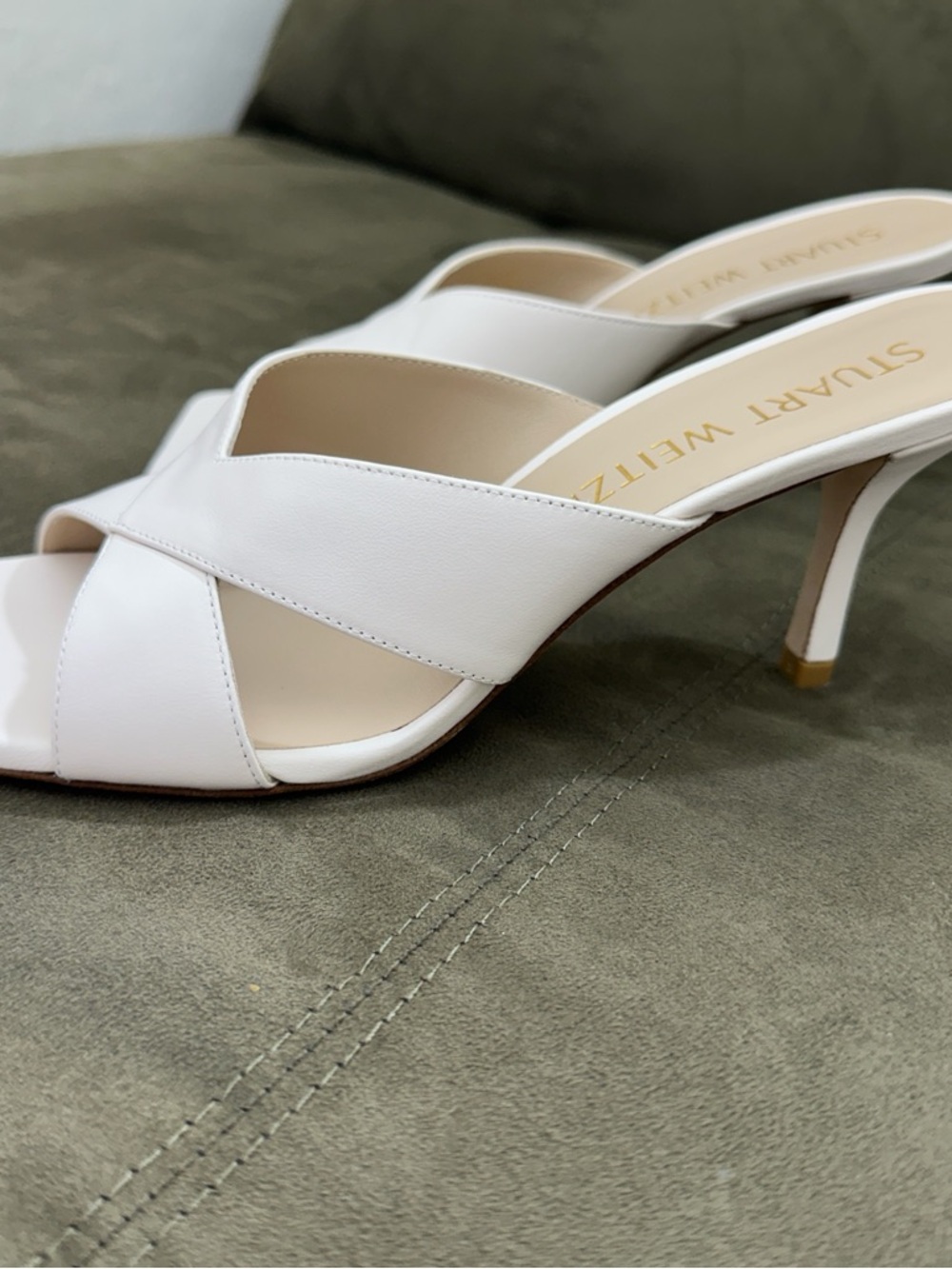 Stuart Weitzman White Leather Crisscross Mule Heels